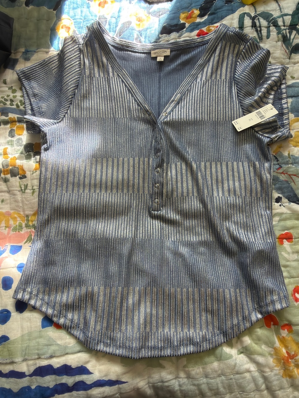 Pilcro Light Blue/Silver Striped Henley Tee | Size XL